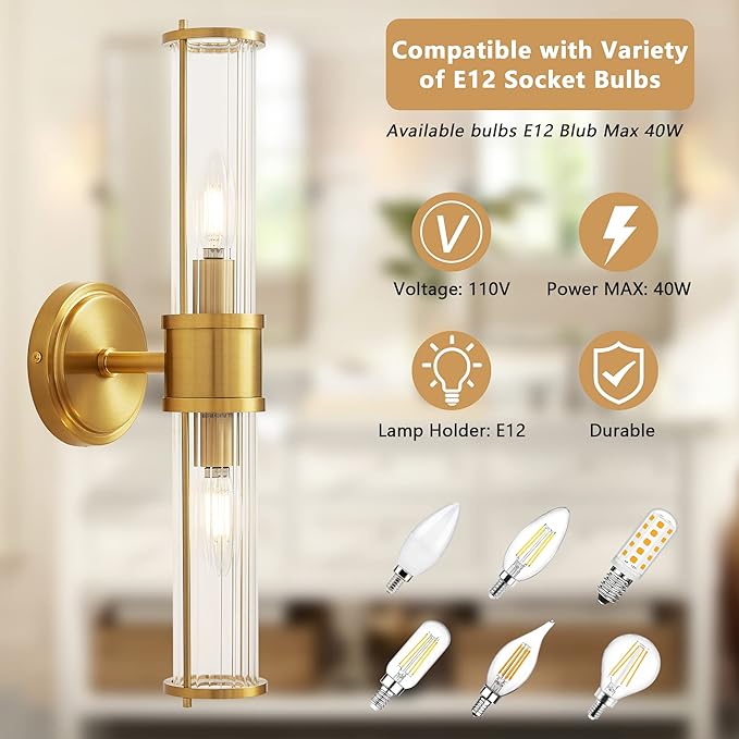 Gold Wall Sconce Light Fixture - Bathroom Sconce Indoor Industrial Wall Sconce Vanity Light Wall Light Up and Down Wall Mount Lamp for Bathroom Bedroom(Without Bulb)