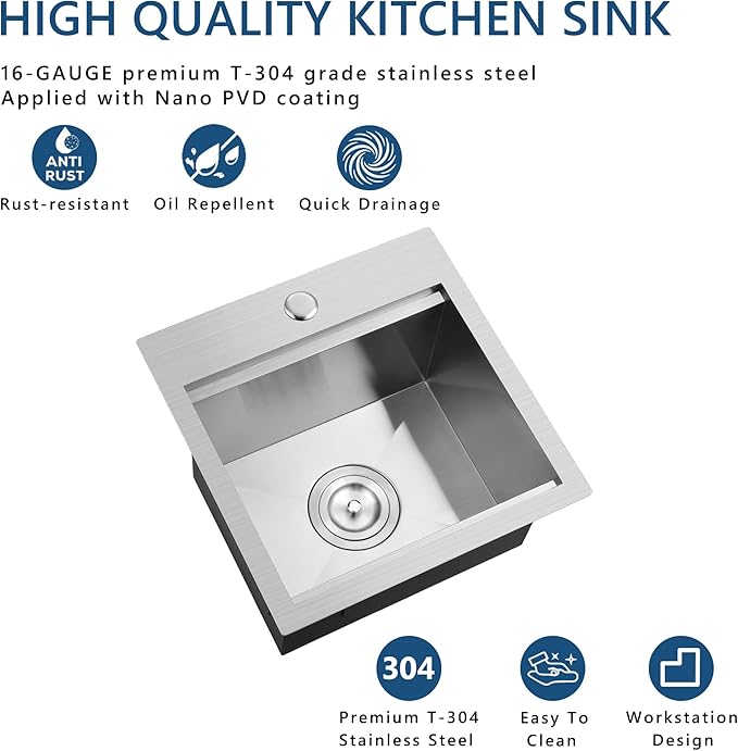 15x17 Kitchen Sink Drop In Bar Sinks 15 x 17 x 9 Inches Stainless Steel Kitchen Bar Sink, Doirteal Single Bowl Workstation Sink Prep Sinks with Accessories BL82-2