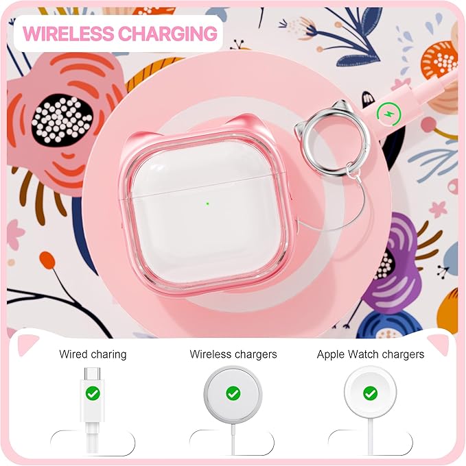RFUNGUANGO AirPods 4 Case for Women Girly Cat Case with Lock, Phone Stand,Keychain & Cleaner Kit, Compatible with Apple Airpods 4th Generation Case Cover, Transparent Pink