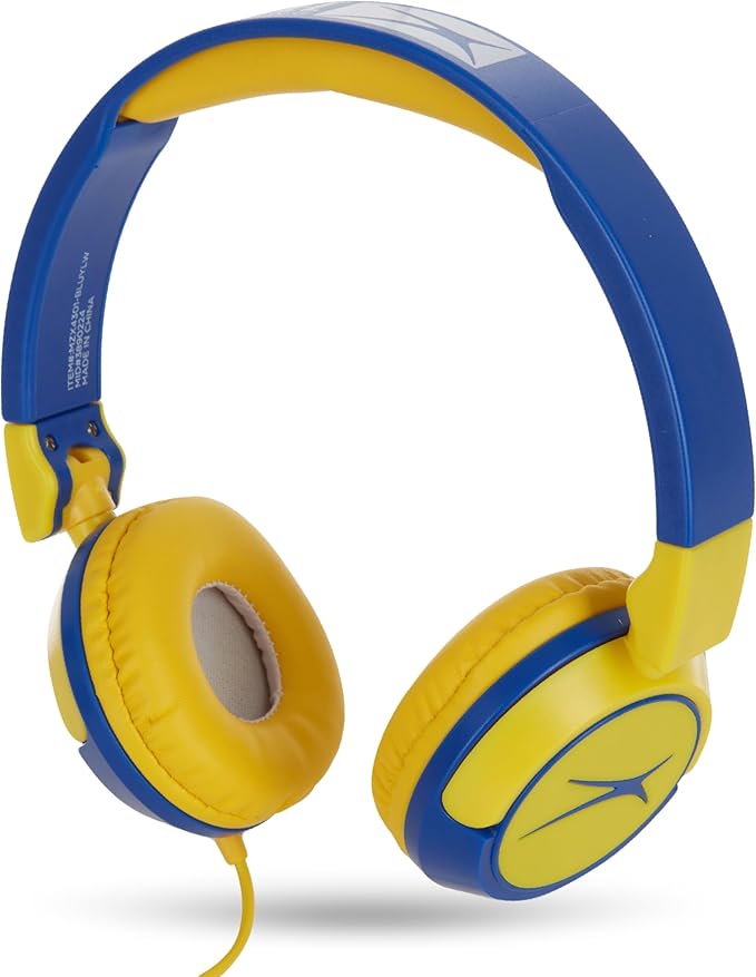 Altec Lansing Kid Safe Wired Headphones, Over Ear Headphones for Kids Ages 3-5, Volume-Limiting Toddler Headphones with Mic, Compact Foldable Kids Headphones with Cord, APA Approved (Blue/Yellow)
