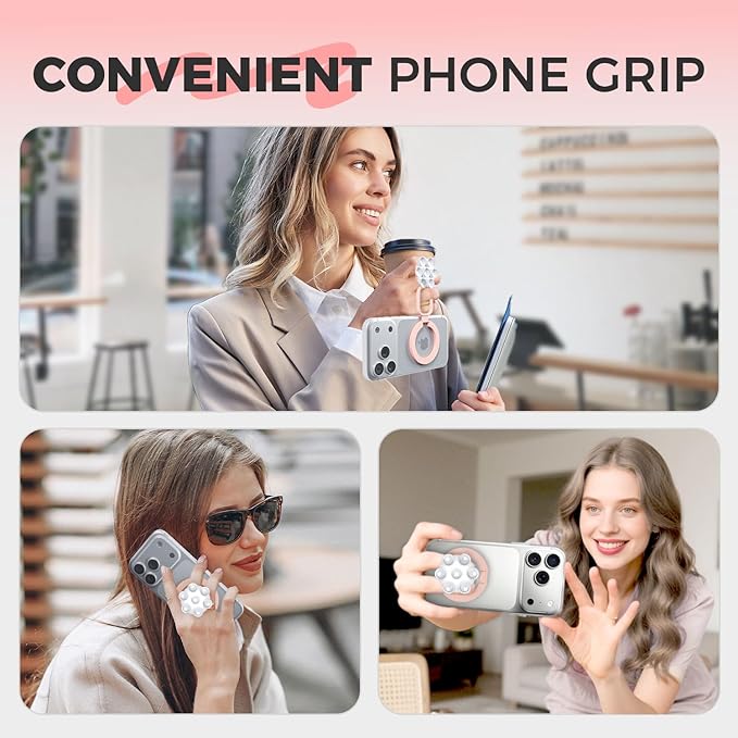 4 in 1 Sticky Phone Grip Holder for Magsafe,Double Sided/Suction Cup Case Mount,Magnetic Phone Stand for iPhone 17/16/15/14/13/12 Pro Max,Vacuum Ring Holder for Kindle/Android/Tiktok Content Creator