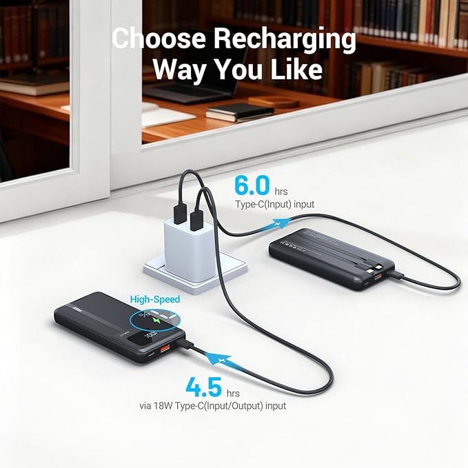 Antteez Portable Charger with Built in Cable - 10000mAh Fast Charging 22.5W Power Bank USB C LED Display Travel Battery Pack 4 Outputs & 2 Inputs for iPhone Samsung iPad Phones Tablets