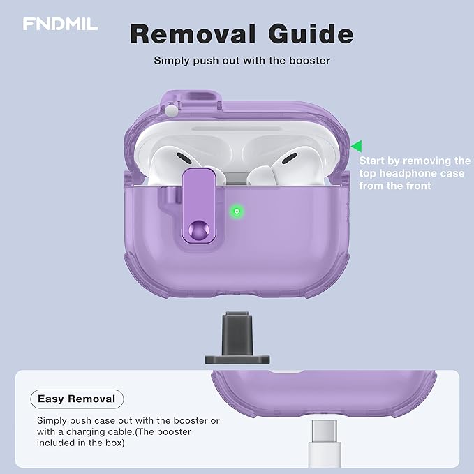 Clear Case for AirPods Pro 2 Case Cover with Lock Safety&Pop Up [Military Shockproof]Anti-Yellow Transparent Wireless Charging for AirPods Pro 2nd/1st Generation Case with Keychain,Clear Purple