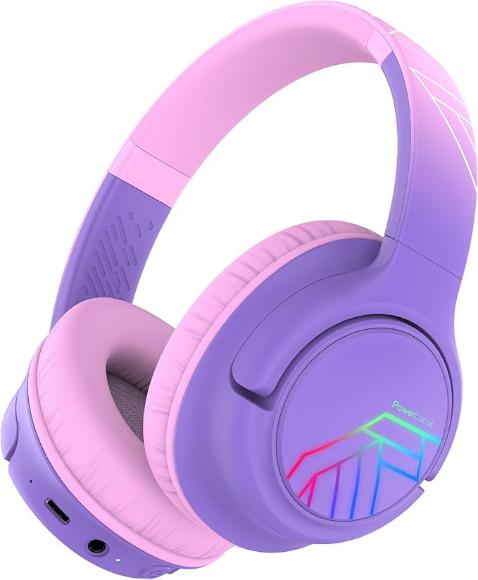 PowerLocus Kids Wireless Headphones, Bluetooth Kids Headphones LED Lights Over Ear with 74/85/94dB Volume Limited, 45H Playtime,Built-in Mic, Two Device Share Mode, HD Stereo for Travel/PC/Tablet