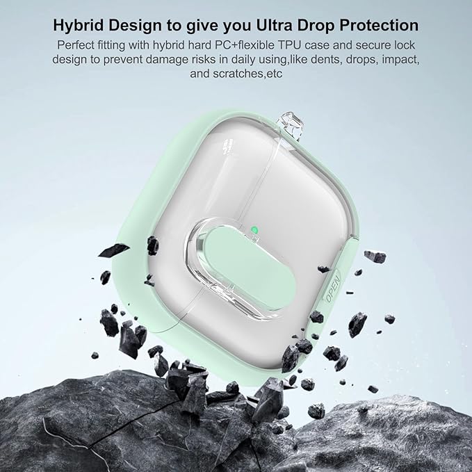 for Airpods 4 Case Clear,Secure Lock for Airpods 4th Generation Case Cover with Phone Stand and Magsafe Function,Auto Pop-up,Hybrid Protection Design with Carabiner&Cleaning Pen-Green