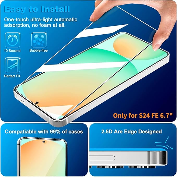 3 Pack for Samsung Galaxy S24 FE Screen Protector Tempered Glass + 3 Pack Camera Lens Protector, Military Grade Shatterproof, 9H Hardness, Fingerprint Unlock, Case Friendly 6.7 Inch