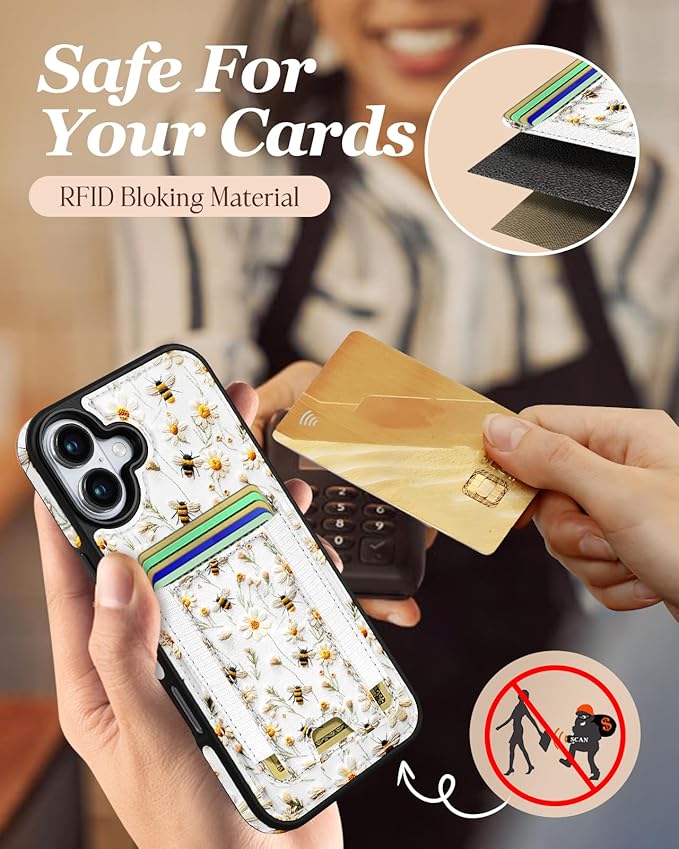Shorogyt for iPhone 17 Wallet Case - Fits 5 Cards, Compatible with Magsafe Detachable Magnetic Credit Card Holder Leather Cardholder Cute Phone Cover Women Girls for Apple 17, Bee Flower