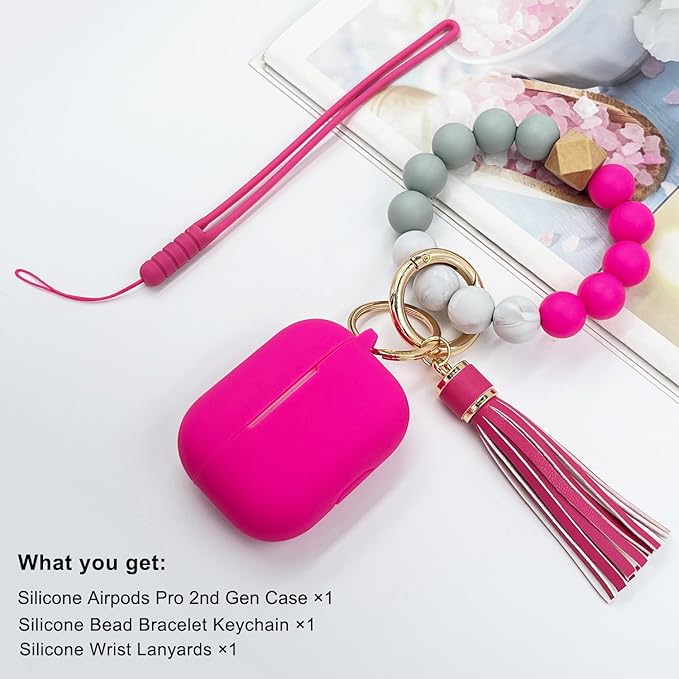 Compatible with Airpods Pro 2nd Generation Case Cover 2022, Soft Silicone Protective Cover with Bracelet Keychain for Apple Airpods Pro 2 Case for Women (Hot Pink)