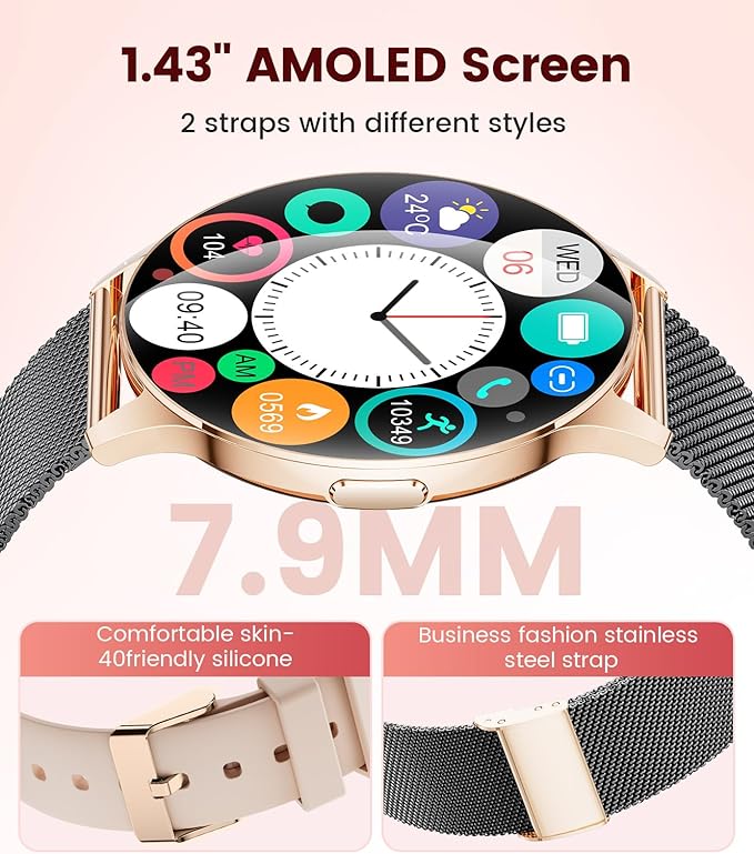 LIGE Smart Watches for Women, Call/Reminders, 1.43" AMOLED Ultra-Thin Activity Trackers with Heart Rate/Sleep/SpO2 Monitor, 100+ Sports Modes Fitness Watch for iOS Android, Mesh Black