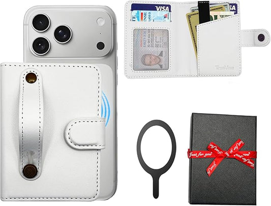 for MagSafe Phone Wallet Magnetic Card Holder for iPhone 17/16/15/14/13/12/Pro/Max/Plus,RFID Blocking Strong Magnet Wallets for MagSafe Phones and Cases,Hold 5 Cards,Strap Stand Leather White