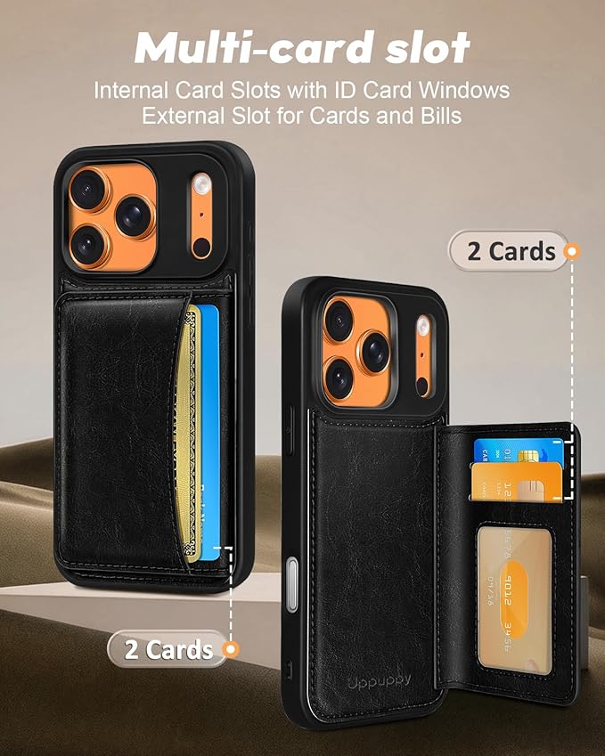 for iPhone 17 Pro Max Case with Wallet - Fits 4 Card Slots, Compatible with MagSafe for Women Men Durable PU Leather Credit Card Holder Kickstand Phone Cover for Apple 17 Promax, Black