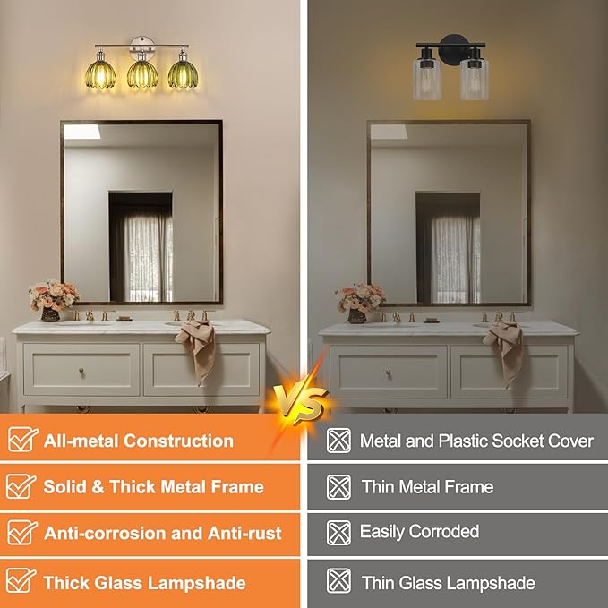 Bathroom Light Fixtures, 3-Light Vanity Wall Light Over Mirror with Green Tulip Glass Shade for Bedroom Living Room (Bulb Not Included), Satin Nickel
