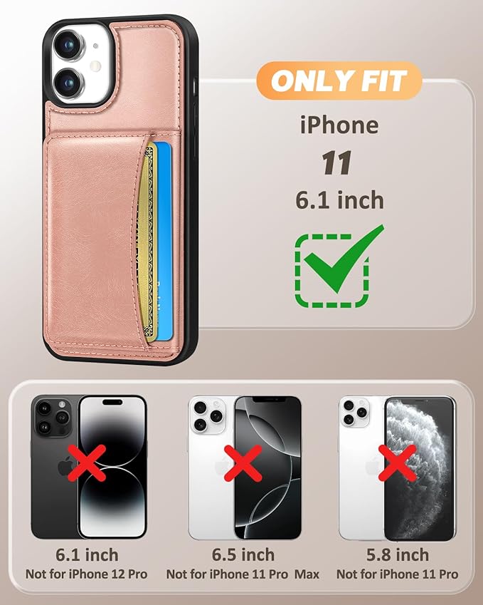 for iPhone 11 Case with Wallet - Fits 4 Card Slots, Compatible with MagSafe for Women Aesthetic Durable PU Leather Credit Card Holder Kickstand Phone Cover for Apple 11, Rose Gold