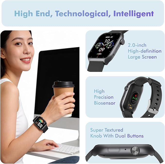 YMS Android Smart Watch for Women - Bluetooth Call,Compatible with Android & iOS，2.0" HD Screen, Heart Rate/Sleep/Step Tracker, 100+ Sports Modes,IP68 Waterproof Men Fitness Tracker (Black)