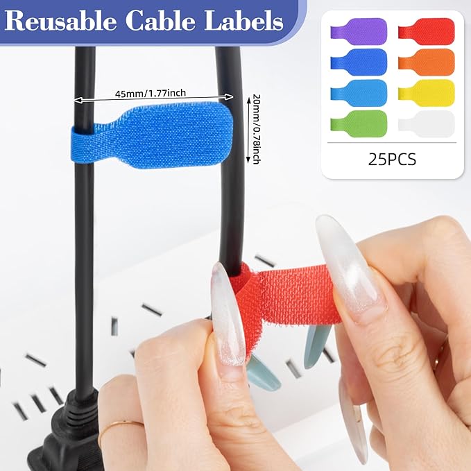 MAQIHAN 25PCS Reusable Cable Labels - Writable Cord Labels for Electronics, 8 Colors Cable Tags for Wire Management, Waterproof Multi-Purpose Cord Tags for Identification, 1.7 x 0.78 Inch