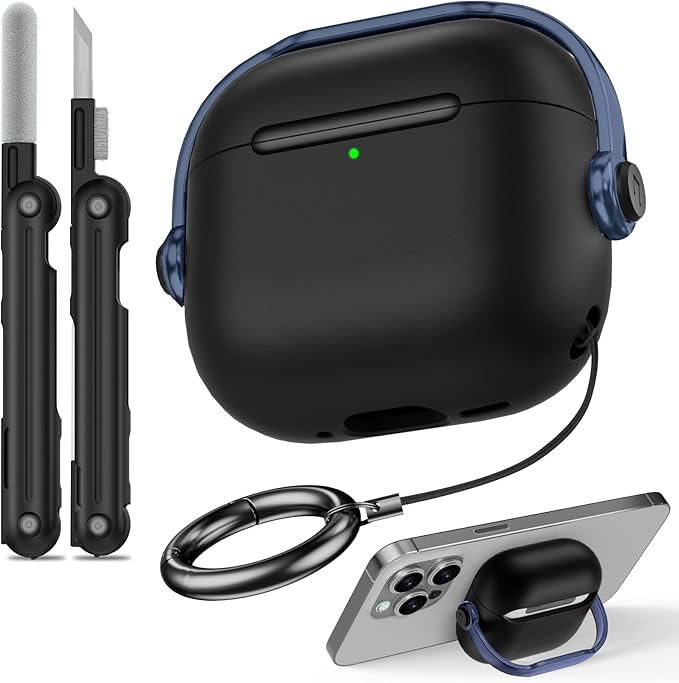 Safety Lock for Airpods 4 Case, TPU Case for Apple Airpods 4 Case 2024 USB-C with Cleaner Kit, Drop Protection Airpods 4 Case Cover for Men with Lock and Keychain, Black+Blue