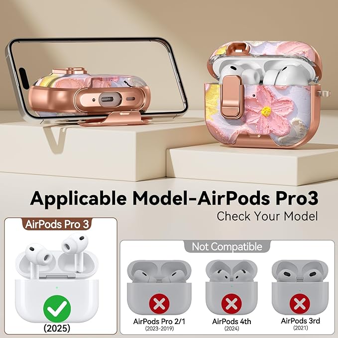 for AirPod Pro 3 Case 2025, with Safty Lock & Phone Stand for Pink AirPod Pro 3 Generation Case Cover for Women Girly, iPod Pro 3 Cases with Keychain & Cleaner Kit - Oil Painting Flower