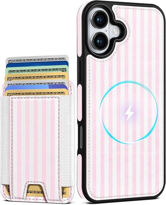 Shorogyt for iPhone 17 Wallet Case - Fits 5 Cards, Compatible with Magsafe Detachable Magnetic Credit Card Holder Leather Cardholder Cute Phone Cover Women Girls for Apple 17, Striped