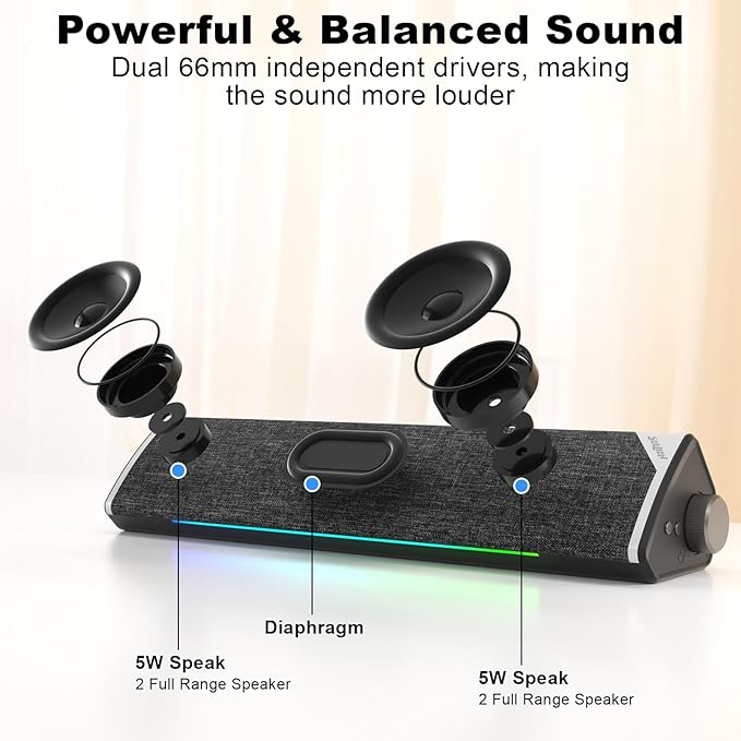 SOULION Computer Speakers, USB-Powered Bluetooth PC Soundbar with Dynamic RGB LED Lights, Surround Sound for Desktop, Laptop, Office, Work, Music & Gaming Black (USB-C to USB Adapter Included)