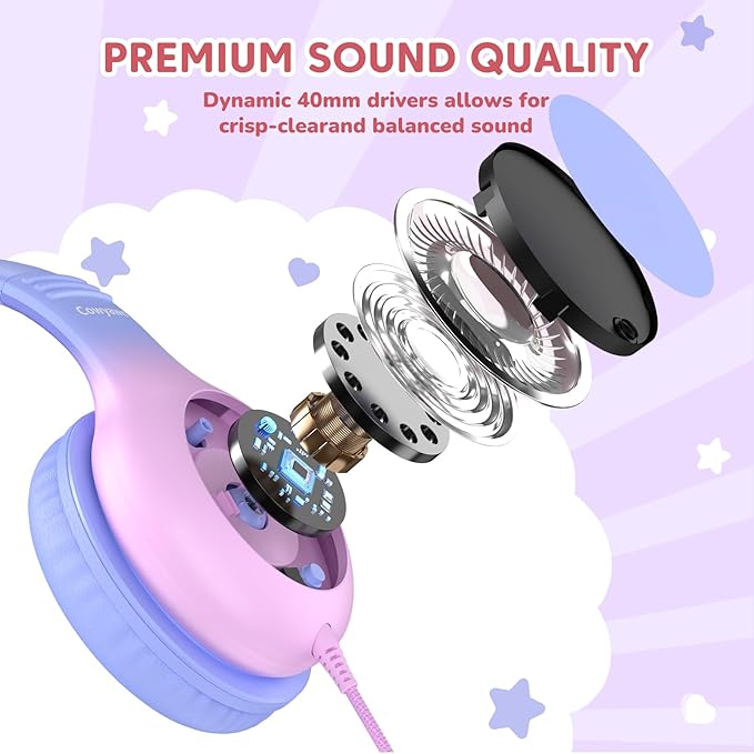 USB Type C Kids Headphones, Wired Headphones for Kids with Microphone, 85/94dB Volume Limit, Stereo Sound, Foldable Over-Ear USB-C Headphones for School/Travel/Tablet/iPad, Purple