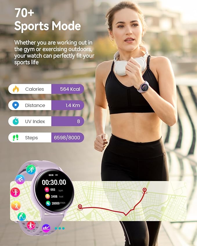 Smart Watches for Women(Answer/Make Calls), 1.27'' AMOLED Screen Activity Trackers with Heart Rate/Sleep/SpO2 Monitor, Smartwatch for iPhone/Samsung/Android,120+ Sport IP68 Fitness Watch 2Bands Purple