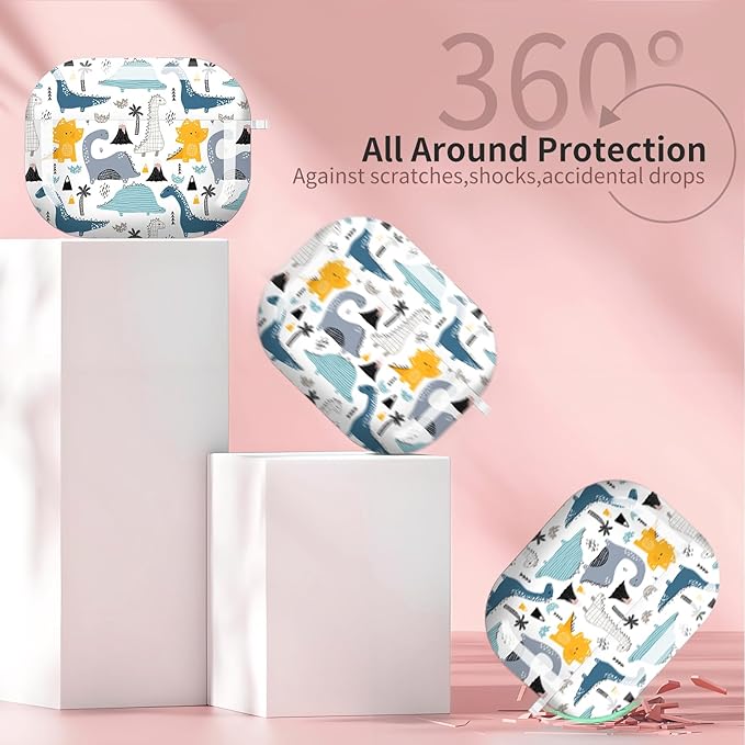 Compatible with AirPods Pro 3 Case 2025 for Women Girls – Cute Shockproof Protective Cover with Gold Round Buckle, Anti-Drop Soft Case for AirPod Pro 3rd Gen (Cartoon Dinosaurs)