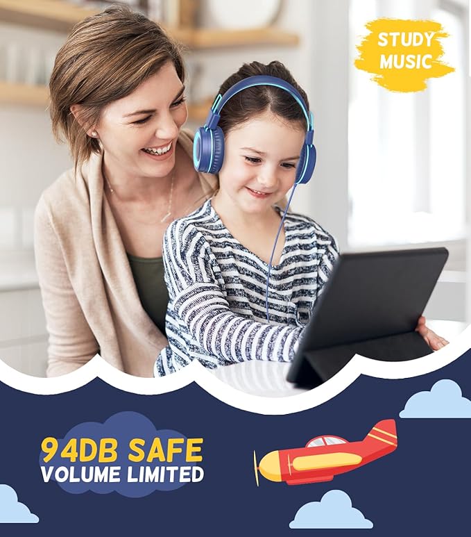 USB Type C Kids Headphones for School, Wired Toddler Headphones, 94dB Volume Limited, HD Stereo Sound, Foldable Lightweight On-Ear Wired Headphones for Kids/Children/Teens/Boys (Dark Blue)