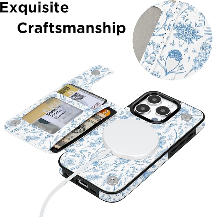 uCOLOR for iPhone 14 Pro 6.1" Wallet Case Magsafe with Card Holder Slot【Compatible with MagSafe】 Folio Flip PU Leather Double Magnetic RFID Design (Blue Toile Flowers)