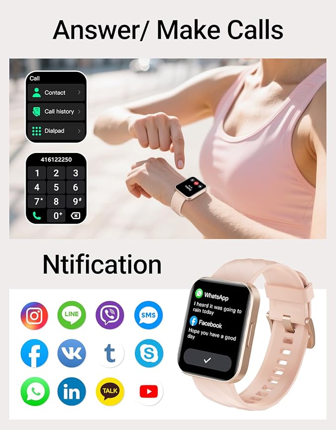 Smart Watch (Answer/Make Calls), 1.85" Smart Watches for Women Men Digital Watch Fitness Tracker with 100+ Sport Modes Heart Rate Monitor for iOS Android Phones Waterproof (Light Pink)