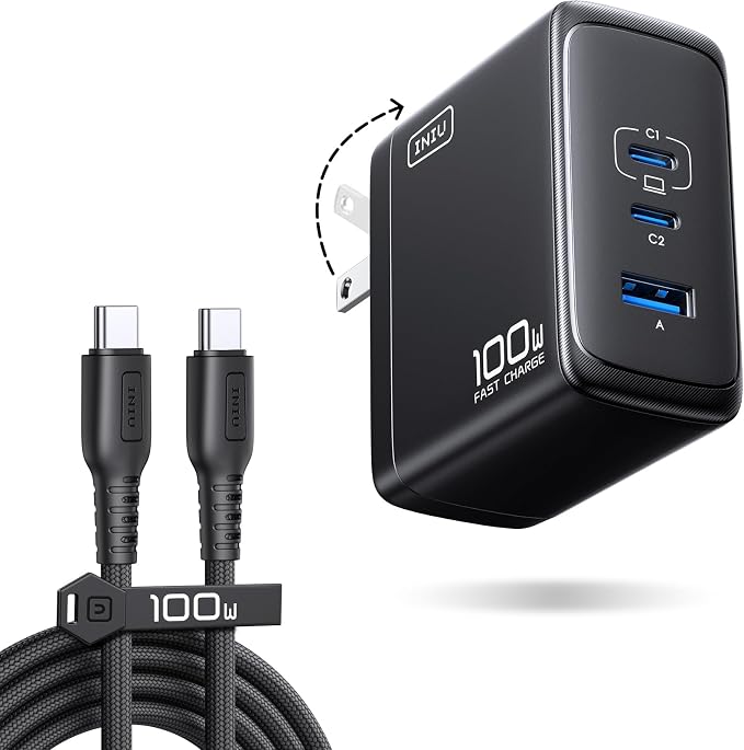 INIU 100W USB C Laptop Charger, GaN Fast Charging Block for with 100W Cable