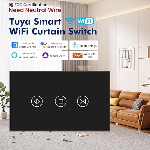 Smart Curtain Switch Neutral Wire Required, 2.4GHz WiFi Dimmer Light Switch with Remote Voice Control, Tempered Glass Panel, Compatible with Alexa and Google Home, Black WiFi Curtain