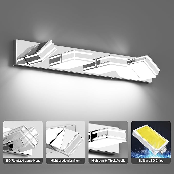 Ralbay Modern Chrome Vanity Light for Bathroom 4-Light 30inch Acrylic Modern LED Bathroom Wall Lighting Fixtures Over Mirror