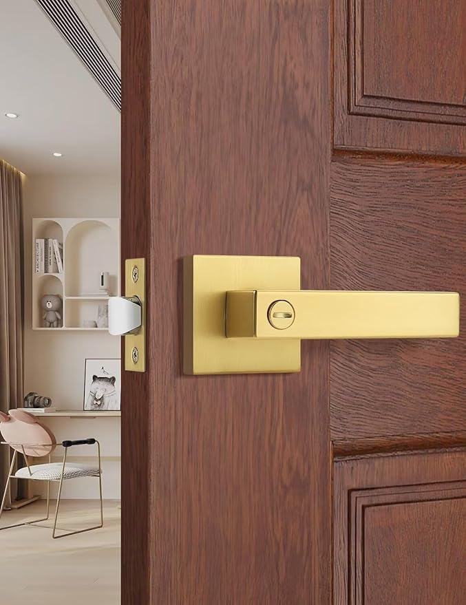 1 Pack Heavy Duty Gold Square Privacy Interior Door Levers, Satin Brass Finish, Bedroom and Bathroom Door Handles Keyless Bed/Bath Lockset