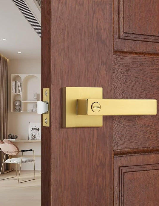 1 Pack Heavy Duty Gold Square Privacy Interior Door Levers, Satin Brass Finish, Bedroom and Bathroom Door Handles Keyless Bed/Bath Lockset