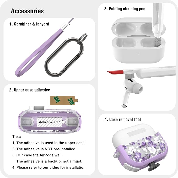 WENEW for AirPods Pro 3 Case (2025) Cover Secure Lock Automatic Snap Switch Clip Cleaner Kit Lanyard Women Stylish Flower Hard Shell Full Body Front LED Visible (Purple Flower, AirPods Pro 3)