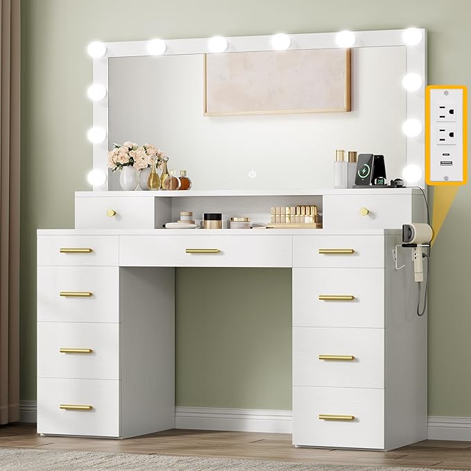 YITAHOME Large Vanity Desk with Mirror and Lights, Big Makeup Vanity with Power Outlets & 11 Drawers, 3 Lighting Modes Adjustable Bedroom Dressing Table for Bedroom, Dressing Room, White