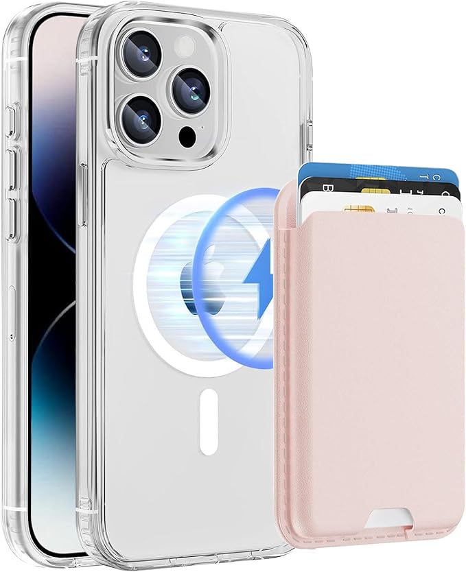 Magnetic for iPhone 12 Pro Max Clear Case with Pink Card Holder, Compatible with MagSafe, Slim Shockproof Phone Cover with Detachable Wallet, Built-in Magnet Ring