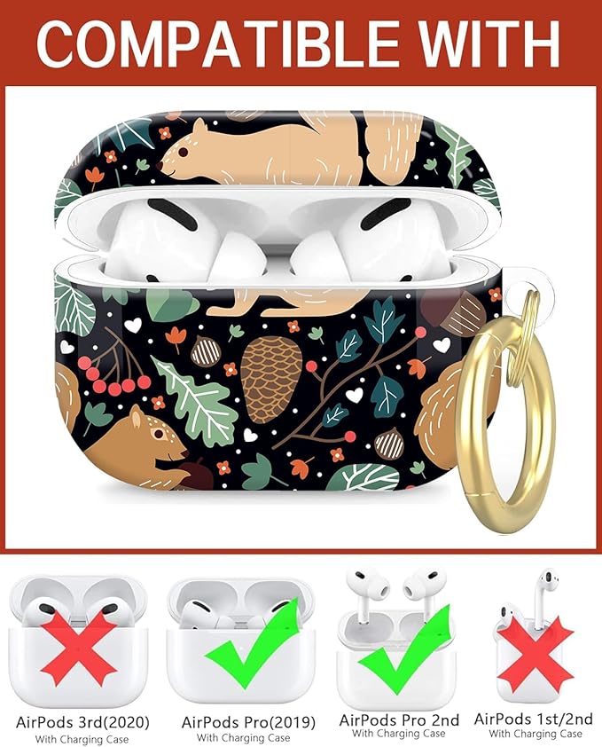 Compatible with Airpod Pro 2nd/1st Generation,Full Protection Cover for Women,Accessories Hard Case Portable & Shockproof for Airpod Pro 2nd Charging Case 2023/2022/2019(Cute Funny Squirrel Leaves)