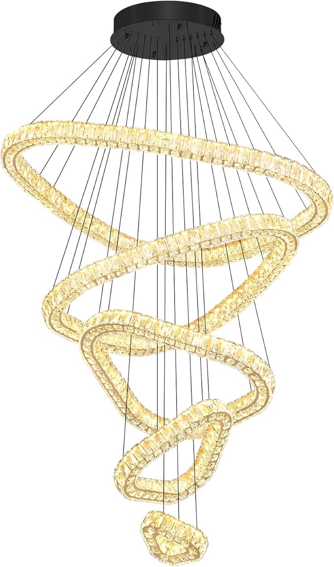 Flashing God H118 Modern Large Chandelier for Foyer 5 Rings Crystal Chandelier Stairway Chandeliers LED Dimmable Crystal Pendant Light for Living Room Entrance Hallway Black