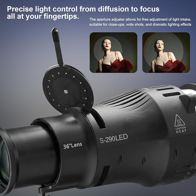 WELLMAKING Bowens Mount Optical Snoot Conical S-290LED Kit. 2 Times Brighter, Adjustable Focus Lens, Aperture Modifier and 12 Gobos; for Photography, Studio Video, only suitfor LED Continuous Lights