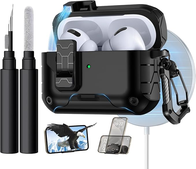 Lerobo for AirPods Pro 2 Case,Compatible with Apple Airpod Pro Case 2nd / 1st Generation with Phone Stand, Magnetic Lock & Cleaner Kit - Shockproof Hard Protective Cover Compatible with MagSafe,Black