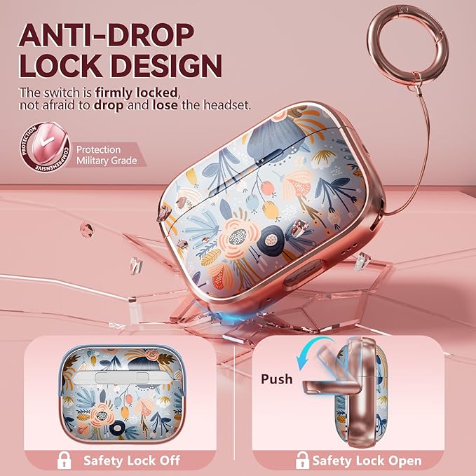 Inesore for AirPods Pro 2nd Generation Case Cover with Lock, Flowers Cute Air Pods Pro 2 Case Hard iPod Pro Cases for Women Girls with Cleaner Kit (2023 USB-C /2022/2019) -Blue Flower