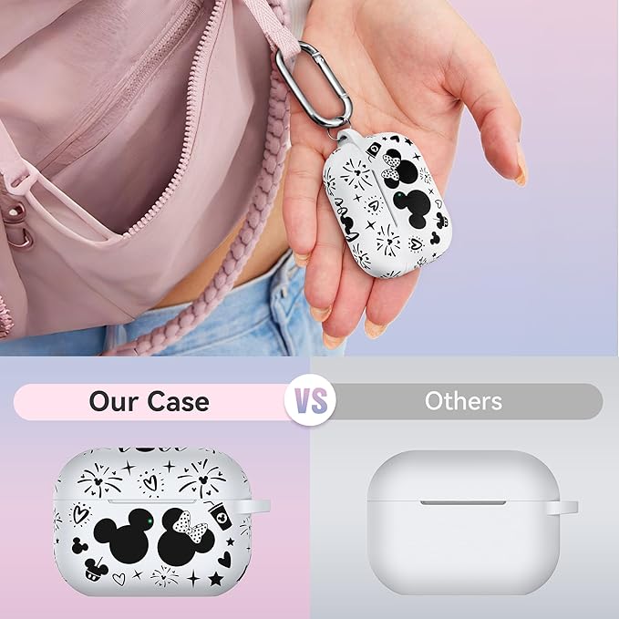 Compatible with Airpods Pro 2nd/1st Generation Case Cover with Keychain, Women Men Soft Silicone Two-Tone Cute Cartoon Engraved Convenience Protective Case, Front LED Visible White/Black