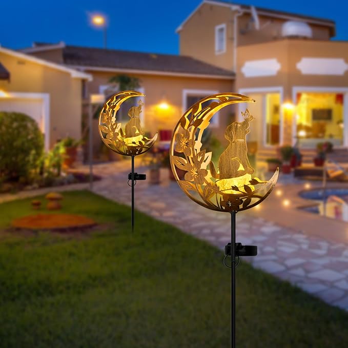JOBOSI Solar Moon Dog Decorative Light Gifts, Solar Moon Dog Moving Decorative Ground Stake Light, Mother's Day Gift， Gift for Women Mom Grandma, Garden Lawn Decor Christmas & New Year Gift