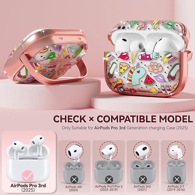 Inesore for AirPods Pro 3 Case 2025 with Lock, for Women Girly Floral Clear Case Compatible with Apple Airpods Pro 3rd Generation Cover, with Phone Stand,Keychain & Cleaner Kit-Unicorn Graffiti