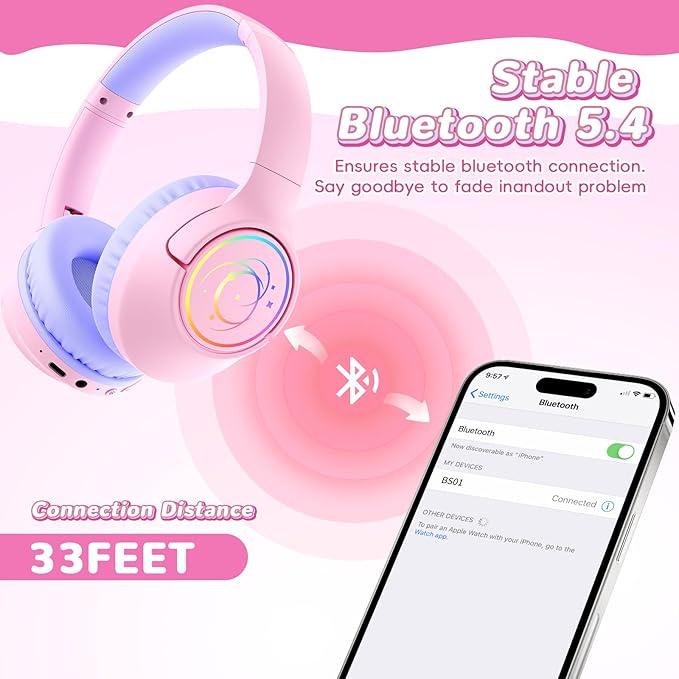Kids Bluetooth Headphones, 85H Playtime Wireless Headphones for Kids, Colorful LED Lights, 85/94dB Safe Volume Limit, Bluetooth 5.4 Built-in Mic Toddler Headset for Tablet/Airplane/Travel (Pink)