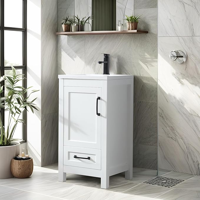 eclife 18" Bathroom Vanities with Sink Combo, Modern Thickened Wood Bathroom Storage Cabinet w/Undermount Sink, Matte Black Faucet Drain, Painted Surface, White