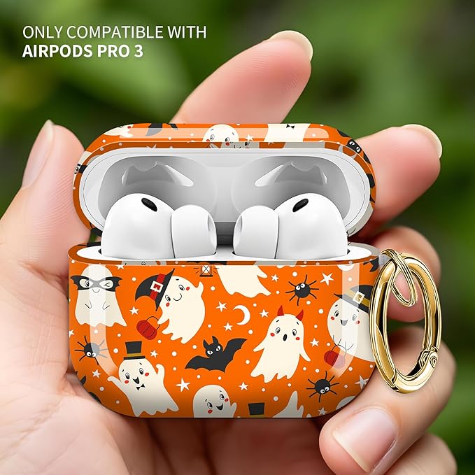 Cute Hard Case Compatible with AirPods Pro 3rd Generation Case (2025), Shockproof Protective Cover with Golden Keychain Ring Clip (Cute Ghosts Bats)
