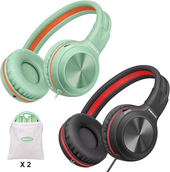 SIMOLIO 2 Pack Headphones for Laptop, Computer, Cell Phone & Tablet with 3.5mm Jack, Adults & Kids Headphones Wired, Plug in Head Phones for Laptop,Travel with Aux 3.5 mm Jack
