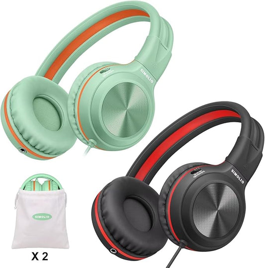 SIMOLIO 2 Pack Headphones for Laptop, Computer, Cell Phone & Tablet with 3.5mm Jack, Adults & Kids Headphones Wired, Plug in Head Phones for Laptop,Travel with Aux 3.5 mm Jack